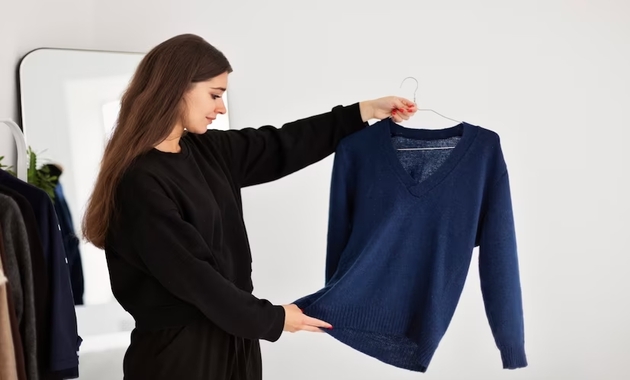 a girl is holding a blue sweater hung on a hanger