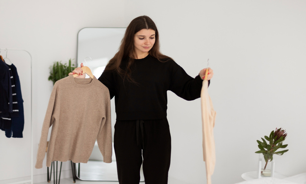 a girl is holding two clothes hung on hangers