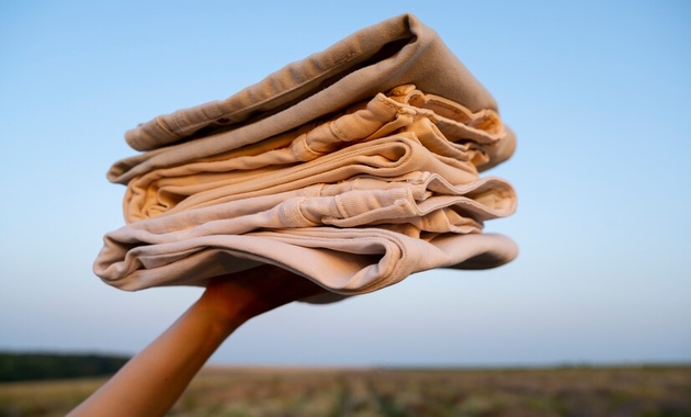 a pile of light brown and beige color trousers