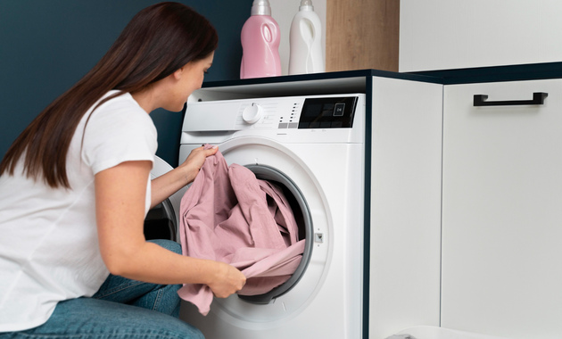 a woman is doing laundry in a washing machine 