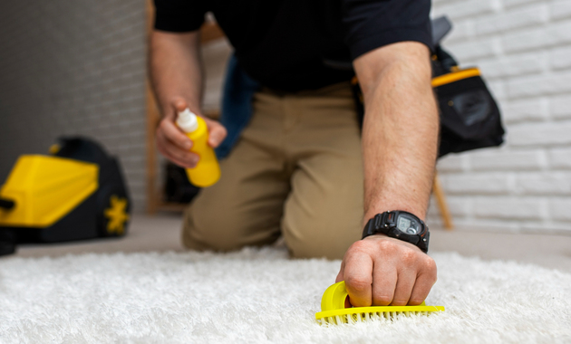 a man cleaning carpet with a brush